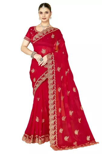 designer red zari embroidery work moss silk blend saree