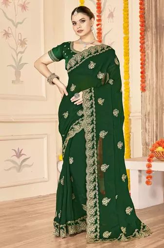 designer bottle green zari embroidery work moss silk blend saree