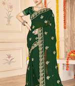 designer bottle green zari embroidery work moss silk blend saree