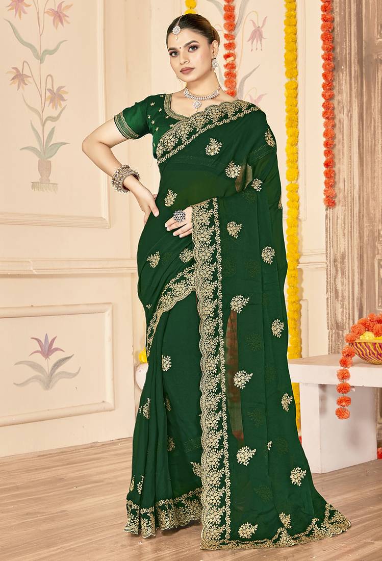 designer bottle green zari embroidery work moss silk blend saree