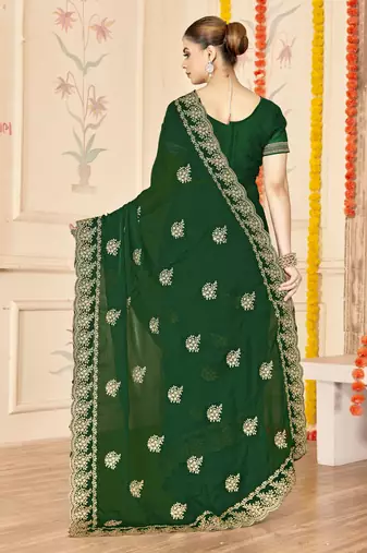 designer bottle green zari embroidery work moss silk blend saree