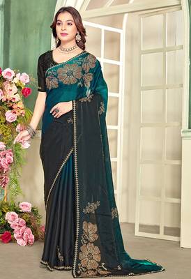 indian rama green zarkan handwork satin silk blend saree 1