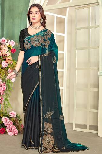 indian rama green zarkan handwork satin silk blend saree