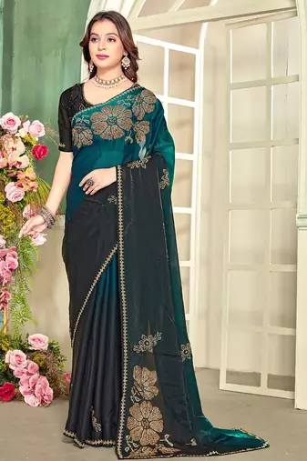 indian rama green zarkan handwork satin silk blend saree