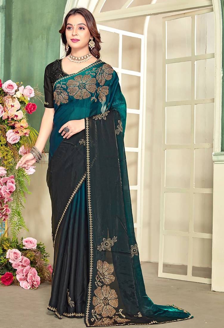 indian rama green zarkan handwork satin silk blend saree