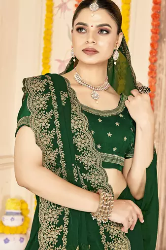 designer bottle green zari embroidery work moss silk blend saree