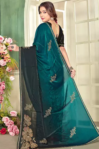 indian rama green zarkan handwork satin silk blend saree