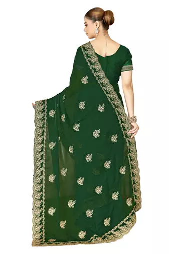 designer bottle green zari embroidery work moss silk blend saree