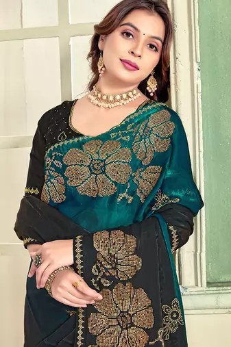 indian rama green zarkan handwork satin silk blend saree