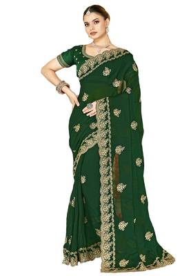 designer bottle green zari embroidery work moss silk blend saree 5