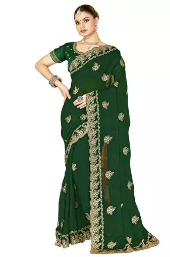 designer bottle green zari embroidery work moss silk blend saree