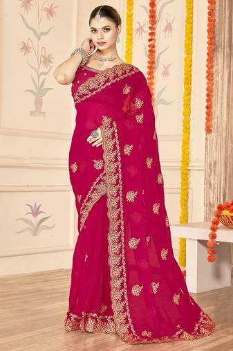 designer rani zari embroidery work moss silk blend saree