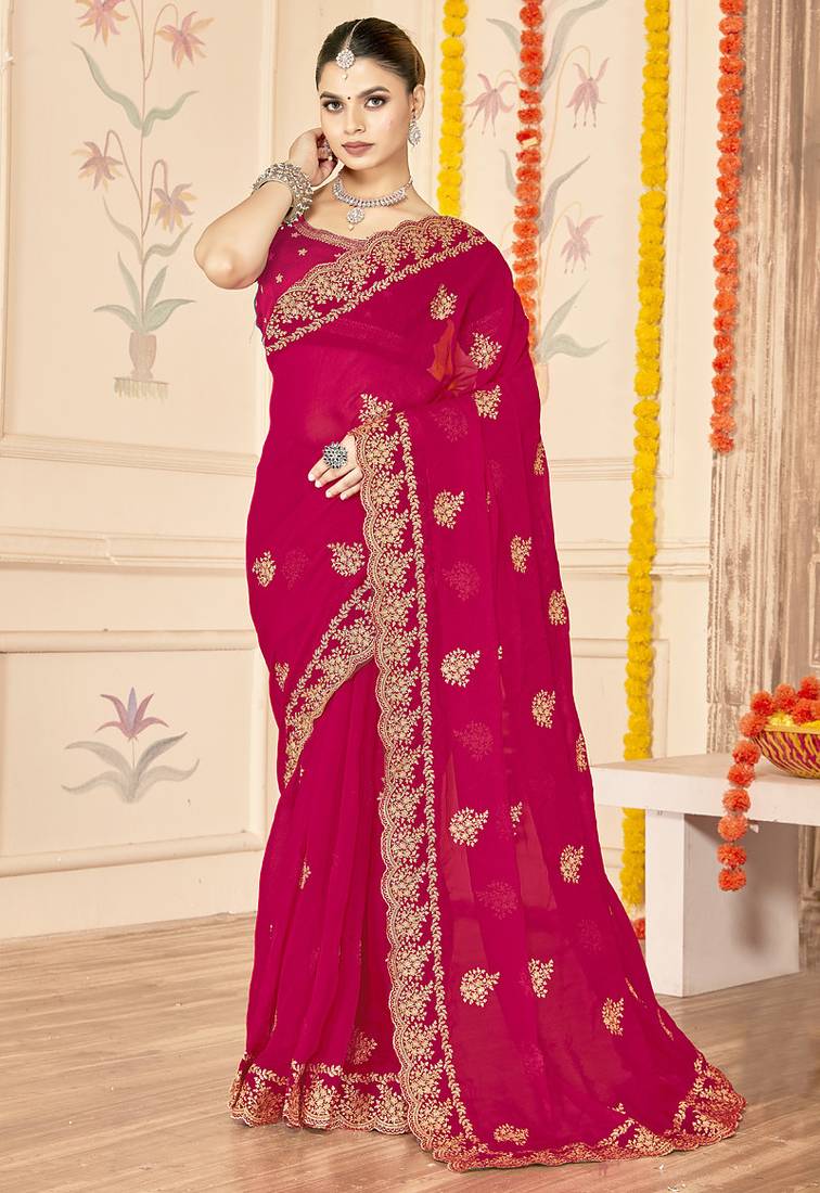 designer rani zari embroidery work moss silk blend saree