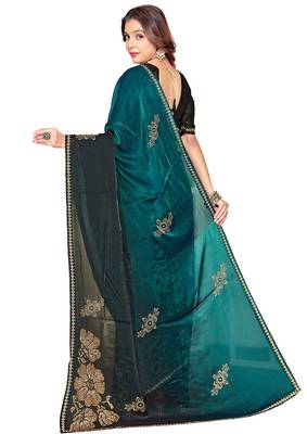 indian rama green zarkan handwork satin silk blend saree 4