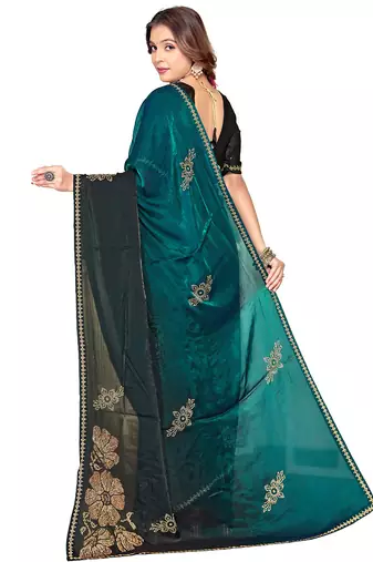 indian rama green zarkan handwork satin silk blend saree