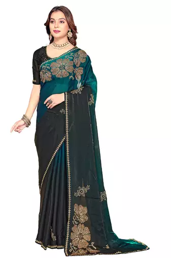 indian rama green zarkan handwork satin silk blend saree