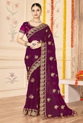 designer wine zari embroidery work moss silk blend saree 1