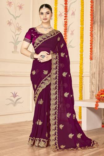 designer wine zari embroidery work moss silk blend saree