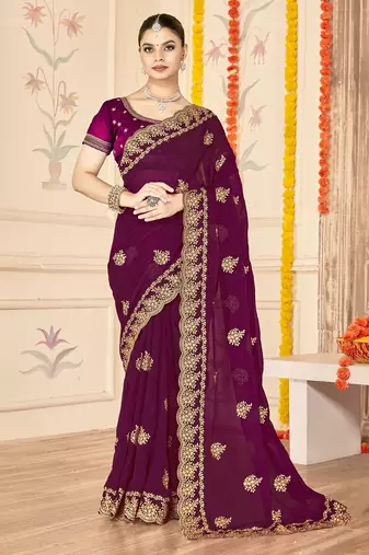 designer wine zari embroidery work moss silk blend saree