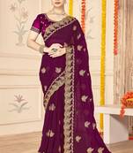 designer wine zari embroidery work moss silk blend saree