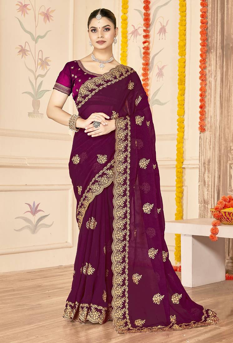 designer wine zari embroidery work moss silk blend saree