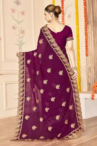 designer wine zari embroidery work moss silk blend saree