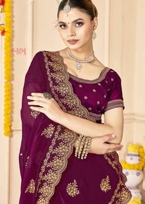 designer wine zari embroidery work moss silk blend saree 3