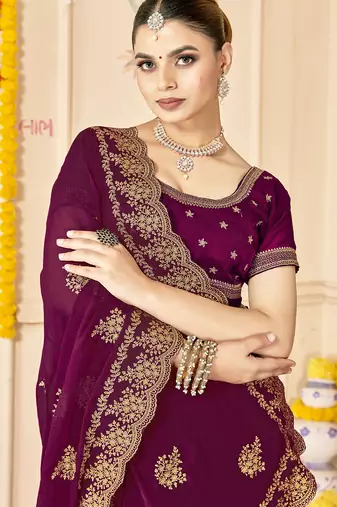 designer wine zari embroidery work moss silk blend saree
