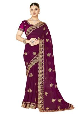 designer wine zari embroidery work moss silk blend saree 5