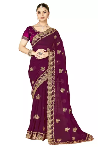 designer wine zari embroidery work moss silk blend saree