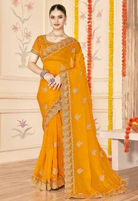 designer mustard zari embroidery work moss silk blend saree 1