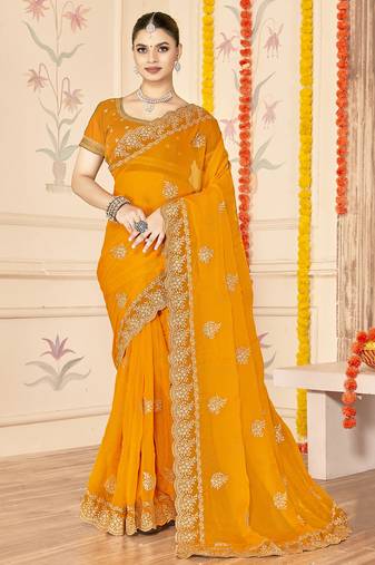 designer mustard zari embroidery work moss silk blend saree