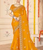 designer mustard zari embroidery work moss silk blend saree