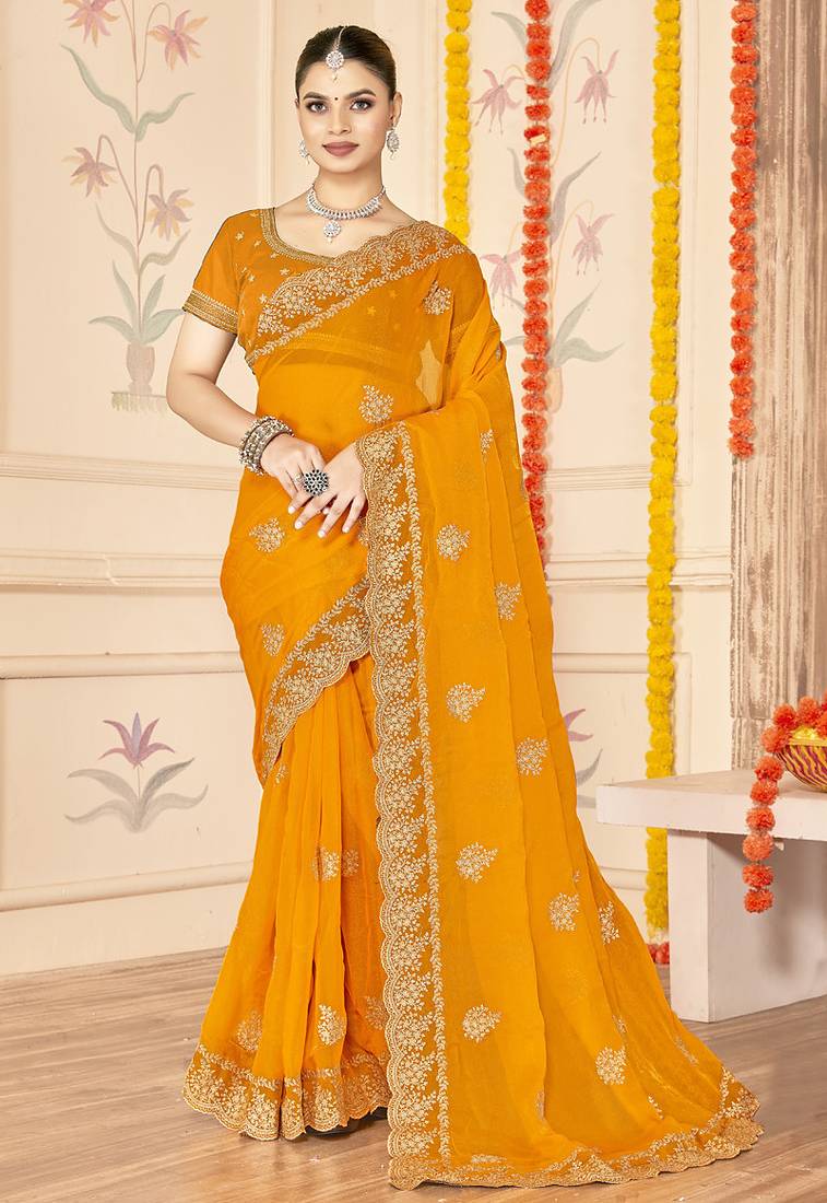 designer mustard zari embroidery work moss silk blend saree