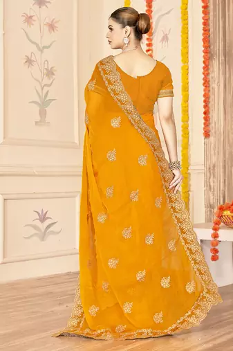 designer mustard zari embroidery work moss silk blend saree