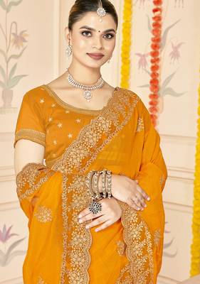 designer mustard zari embroidery work moss silk blend saree 3