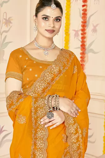 designer mustard zari embroidery work moss silk blend saree