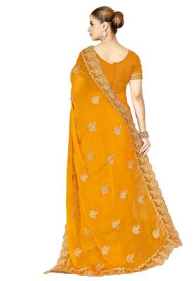 designer mustard zari embroidery work moss silk blend saree 4