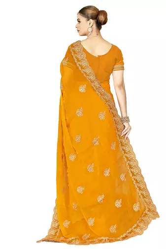 designer mustard zari embroidery work moss silk blend saree