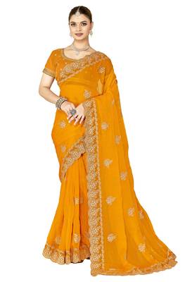 designer mustard zari embroidery work moss silk blend saree 5