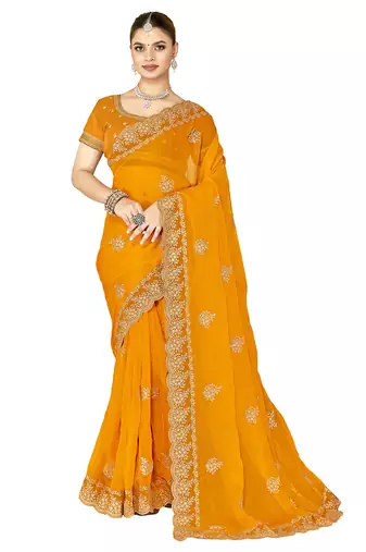 designer mustard zari embroidery work moss silk blend saree
