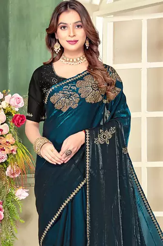 indian teal blue zarkan handwork satin silk blend saree