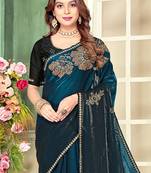 indian teal blue zarkan handwork satin silk blend saree