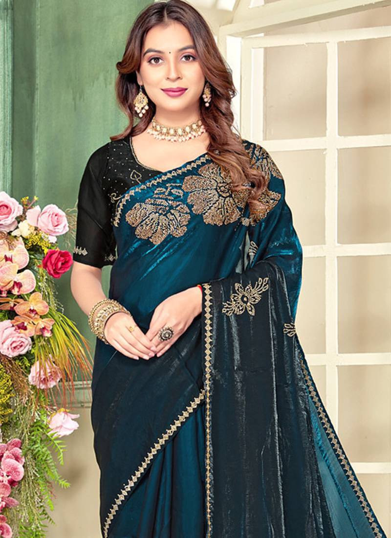 indian teal blue zarkan handwork satin silk blend saree