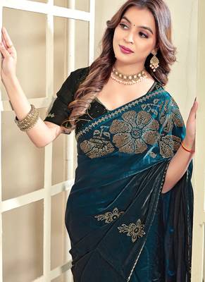 indian teal blue zarkan handwork satin silk blend saree 3
