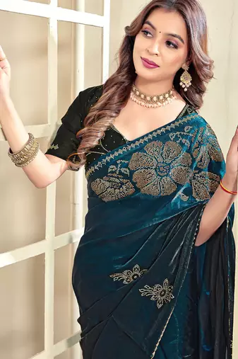 indian teal blue zarkan handwork satin silk blend saree