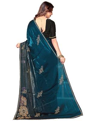 indian teal blue zarkan handwork satin silk blend saree 4