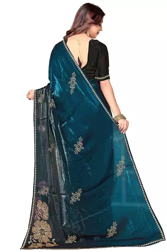 indian teal blue zarkan handwork satin silk blend saree