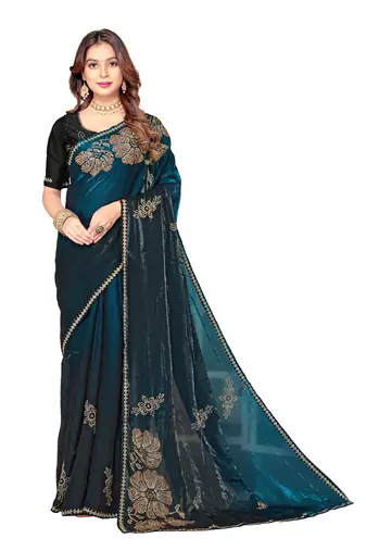 indian teal blue zarkan handwork satin silk blend saree