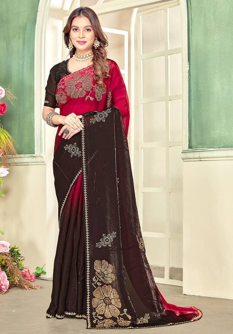 indian magenta zarkan handwork satin silk blend saree